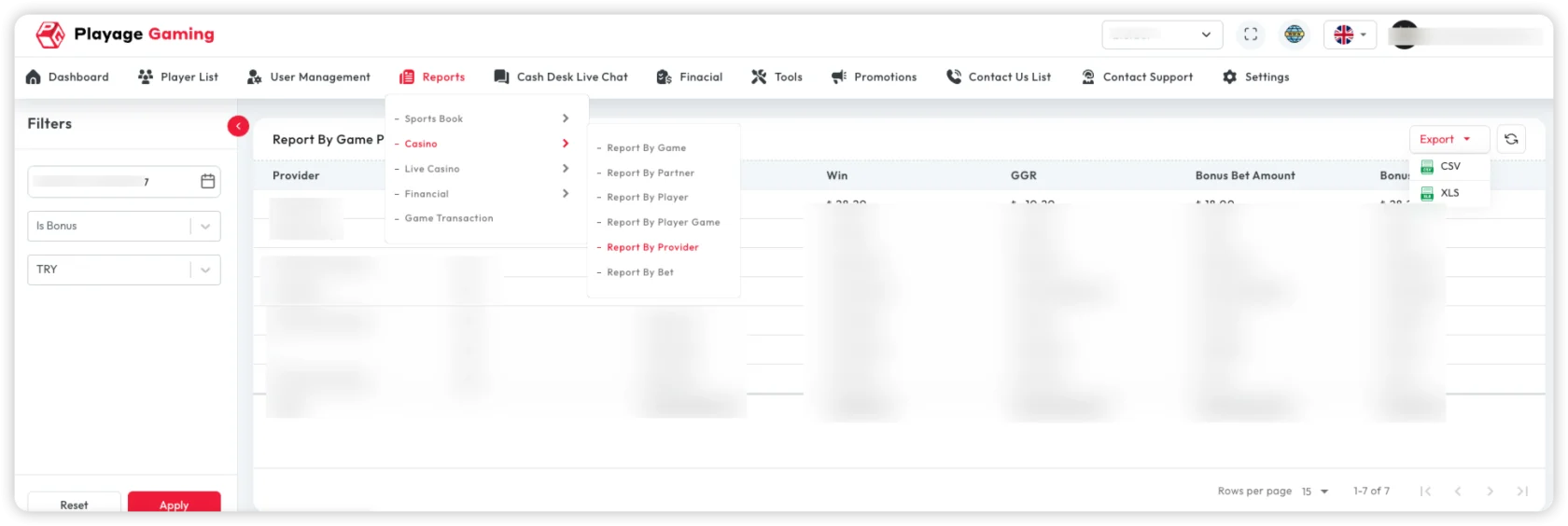 Casino Report by Provider